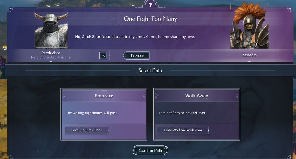 endless legend two screenshot showing a married hero unit in plate armor being comforted by his snake orc husband as he deals with the horrors of war
