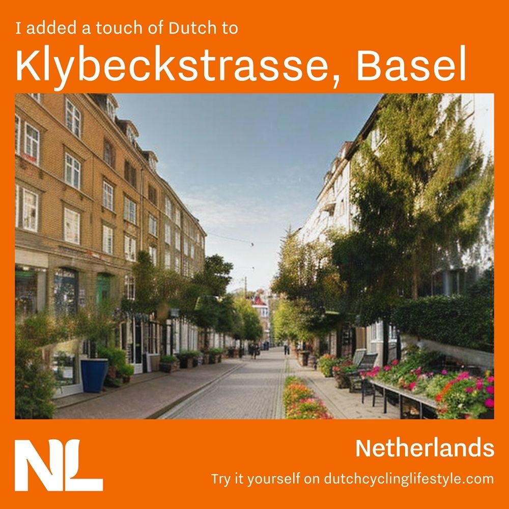 Klybeckstrasse nach holländischem Vorbild mit mehr Bäumen, Blumenrabatten und Pflastersteinen am Boden. Die Visualisierung wirde mit einer KI erstellt.