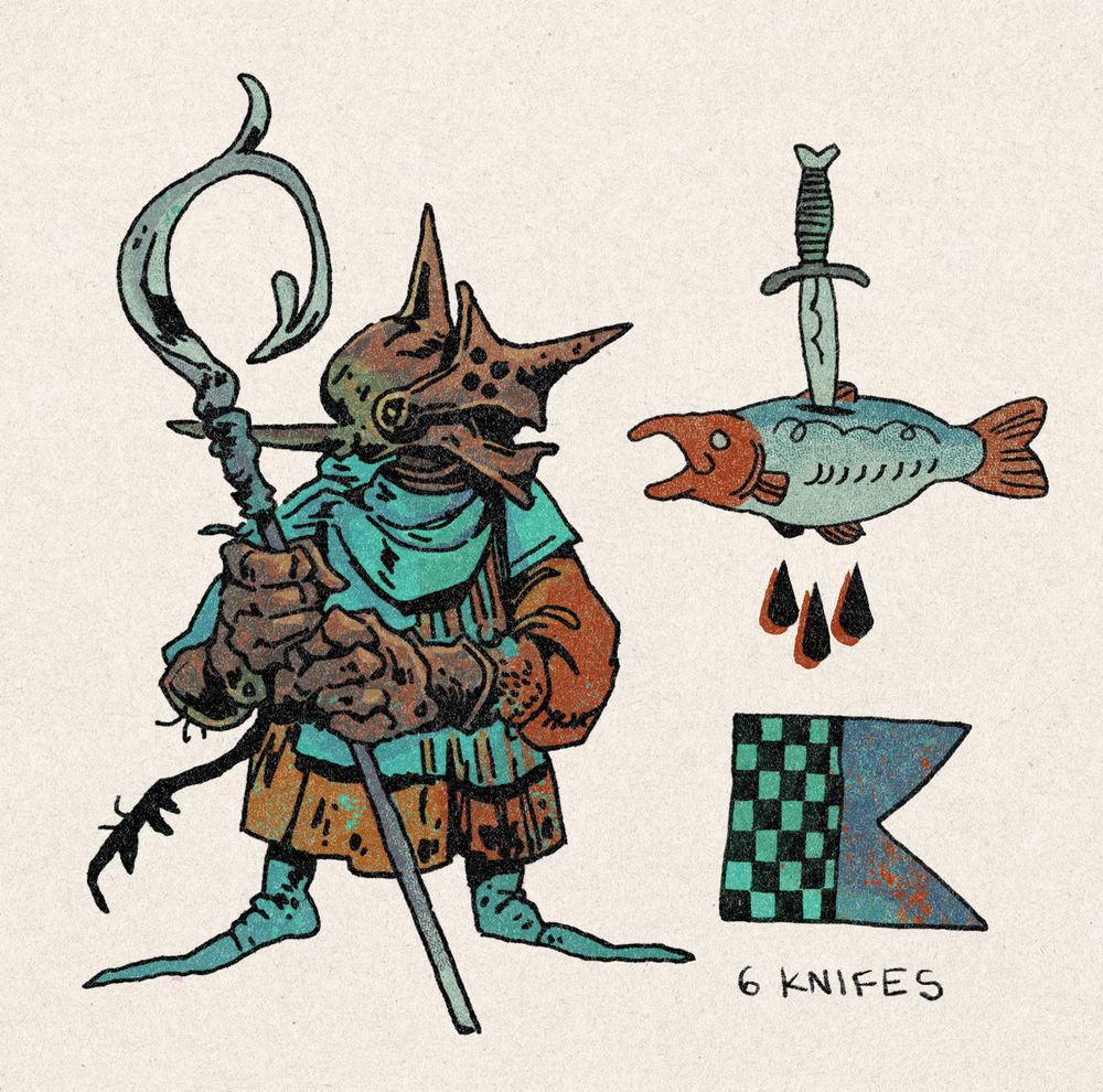 Illustration of a goblin wearing a rusty spiked helmet and a teal and red tabbard. Its wielding a large fish hook on a stick. Next to it is the emblem of a salmon stabbed with a dagger, drops of blood, and a half-checkered flag.