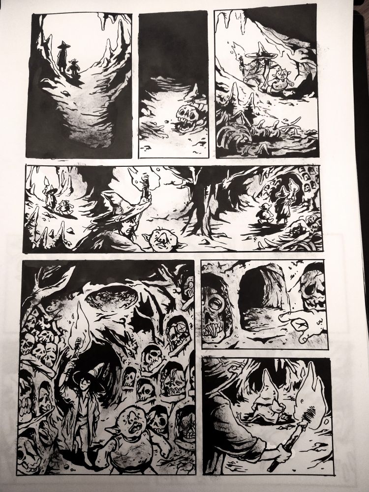 Inked comic page without text, showing a wizard-like man being led by a goblin through a cave system.