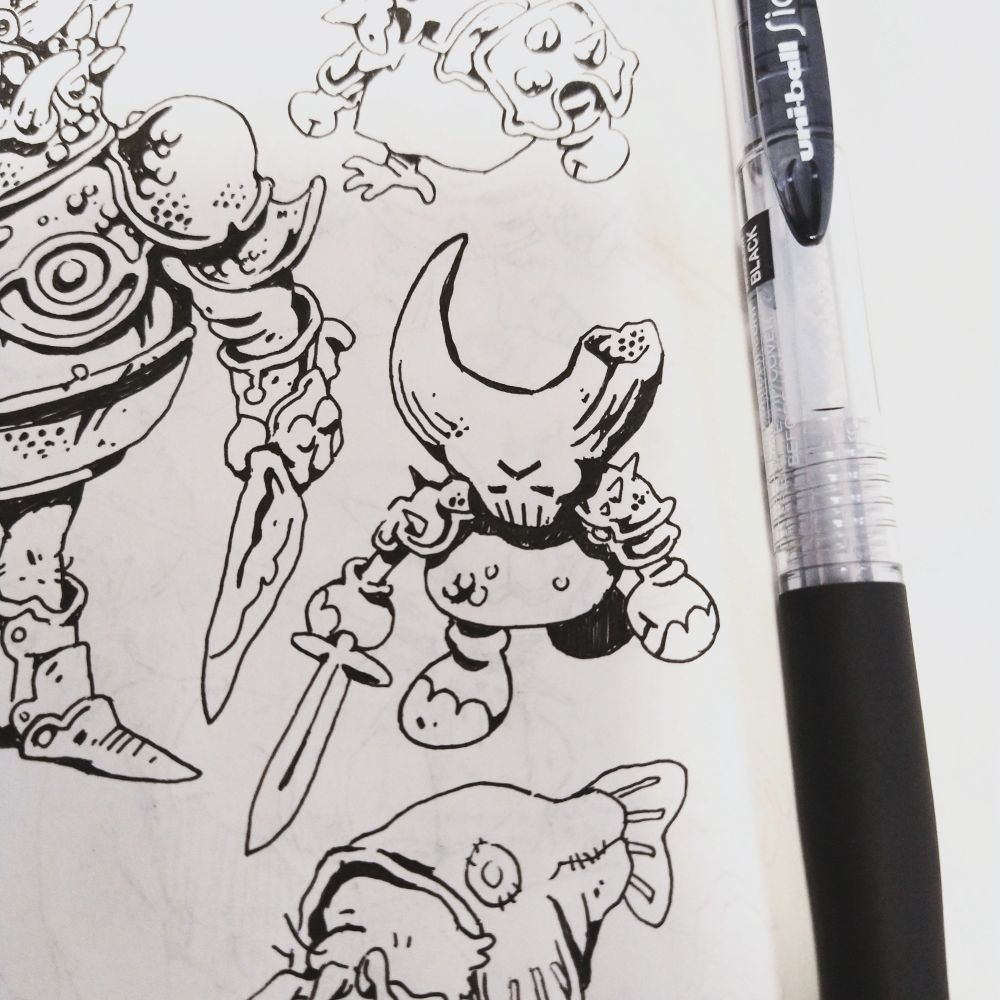 Ink doodle of a small guy in armour with large hands and feet, and a big horned head. It has a sword.