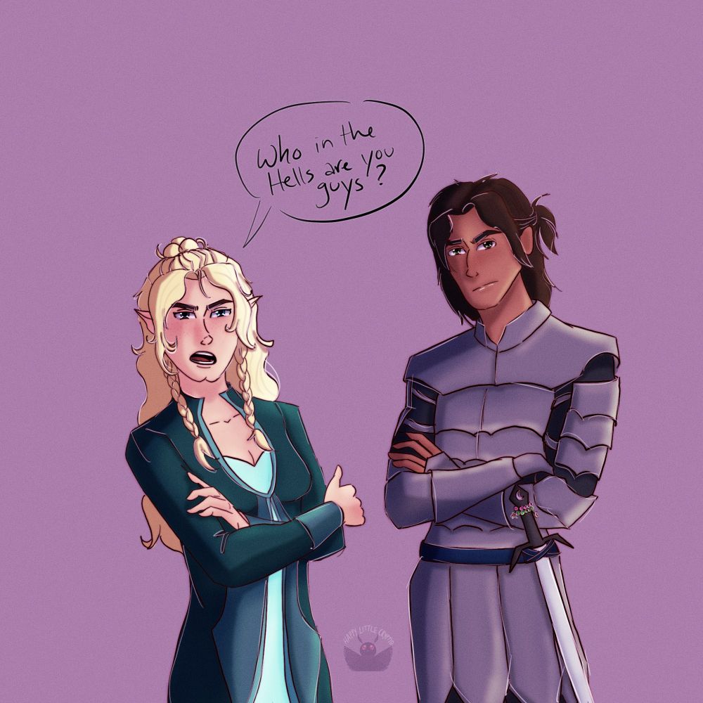 Young Vexarys and young Elwyn stand with suspicious expressions. Vex asks “who in the hells are you guys?”