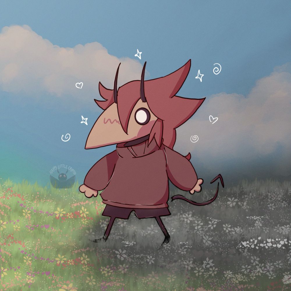 Cartoon of OC Plague walking through a flowery meadow. All the path they walked on previously is grey and lifeless.