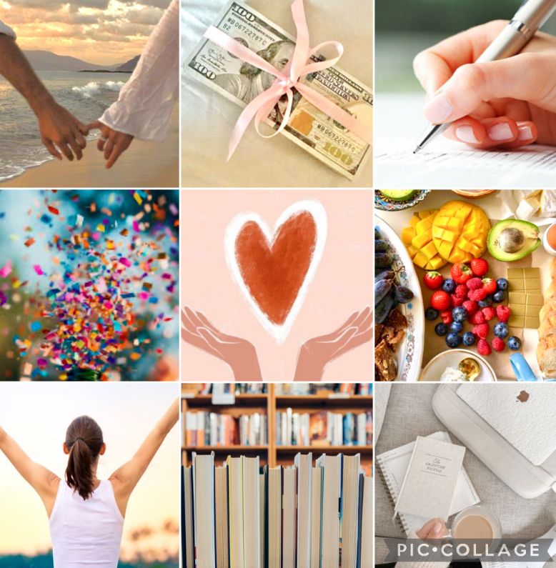 9 box mood board from upper left: people holding hands on beach, money bundle with pink ribbon, hand signing a contract, confetti, a heart with hands, colorful fruit, a woman raising arms in triumph, stack of books, and computer by notebook and coffee.