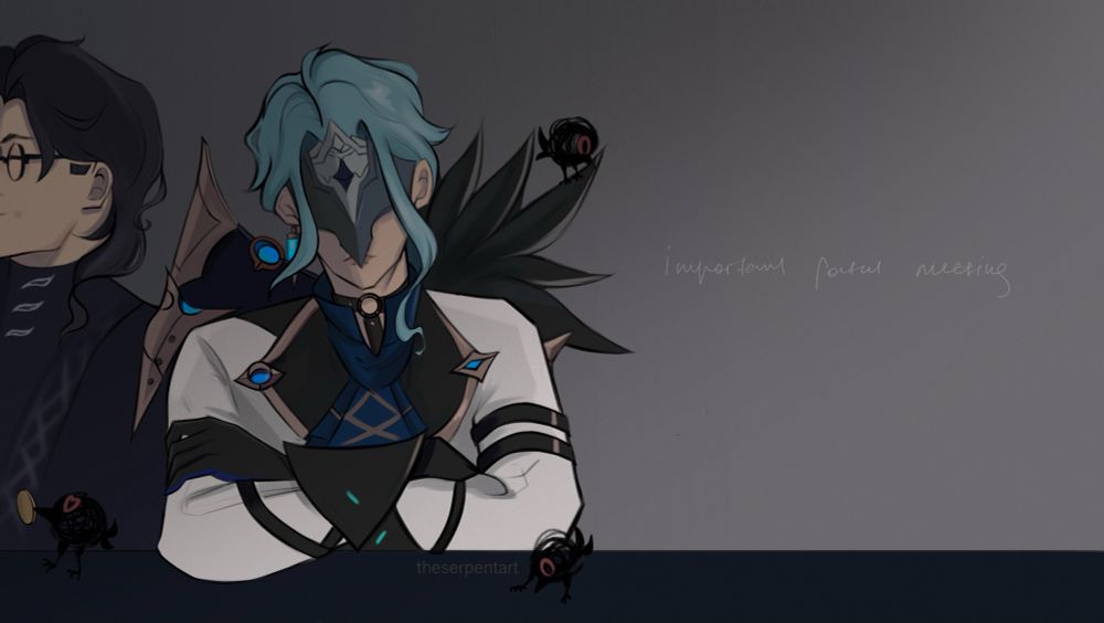 dottore, leaning to pantalone during the important fatui meeting. dottore is asleep, his mask hides the fact that he is literally sleeping and not listening to anyone.