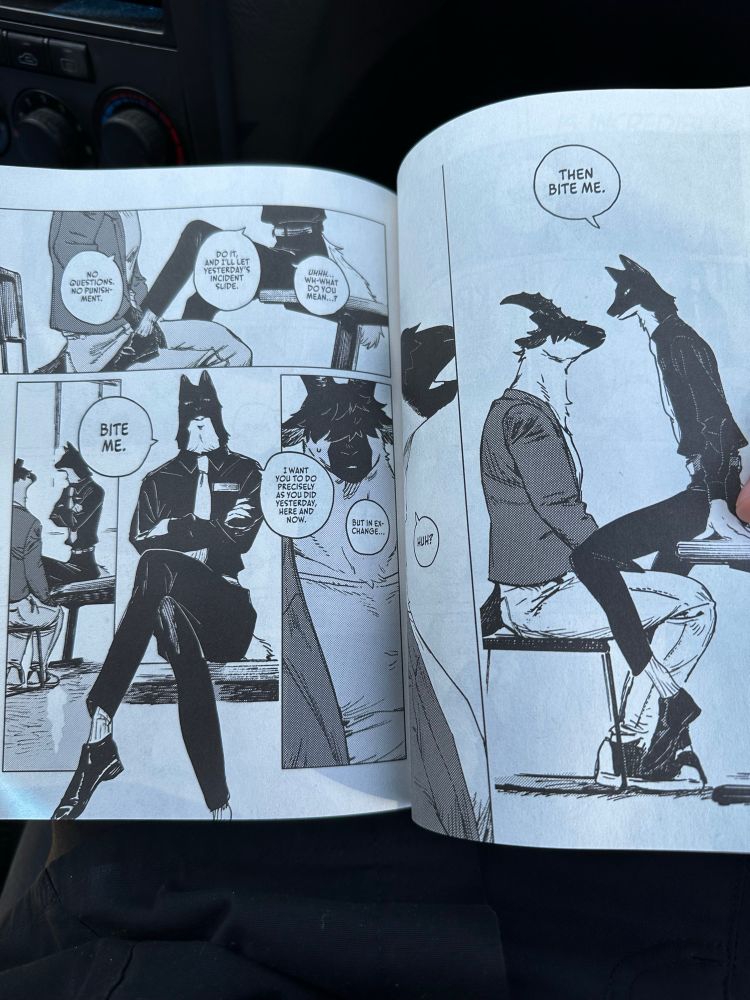 A page from a Japanese graphic novel called EAT by Nagabe depicting an anthro wolf and anthro ram discussing the wolf being bitten by the ram