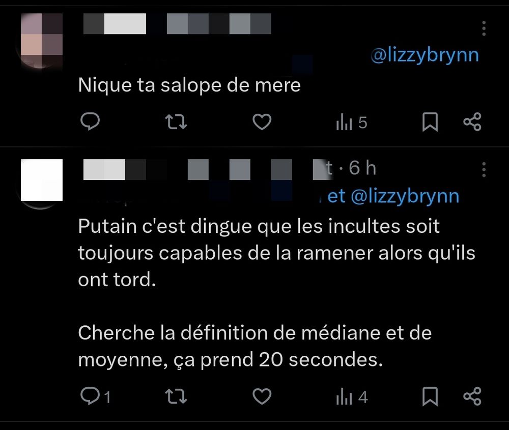 Des mentions Twitter dans lesquelles je suis taguée dont une qui dit "nique ta salope de mère" et une autre qui commence par "putain c'est dingue que les incultes"