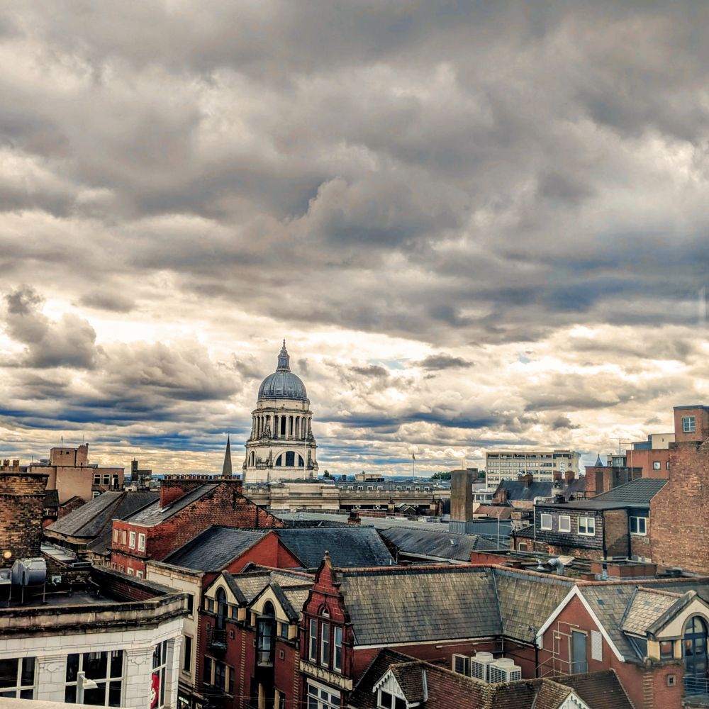 Nottingham city hall rises above the rooftops