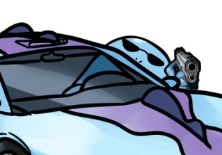 quagsire (in sunglasses) leaning out the quagmobile pointing a gun at you