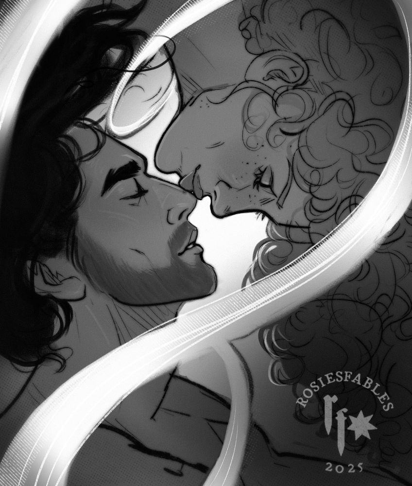 The image is a black-and-white illustration of two peoples side profiles, Hades and Persephone. Hades eyes are closed as Persephone lightly kisses his nose, upside down so her light, curly hair dangles down. Hades dark hair is also floating up, as if they were in zero gravity.The illustration is surrounded by a bright ribbon that curves around the edges of the image and them.  Bottom right corner has a logo that reads "ROSIESFABLES 2025” 