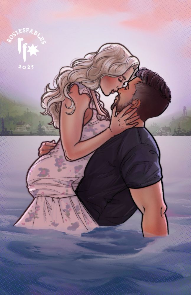 A cartoon illustration of a blonde woman in a pink floral dress and a greying haired man in a black shirt embracing and kissing in a lake, with a picturesque village on the shore and a pinkish-purple sky. Logo in upper left reads, “rosiesfables 2025”.