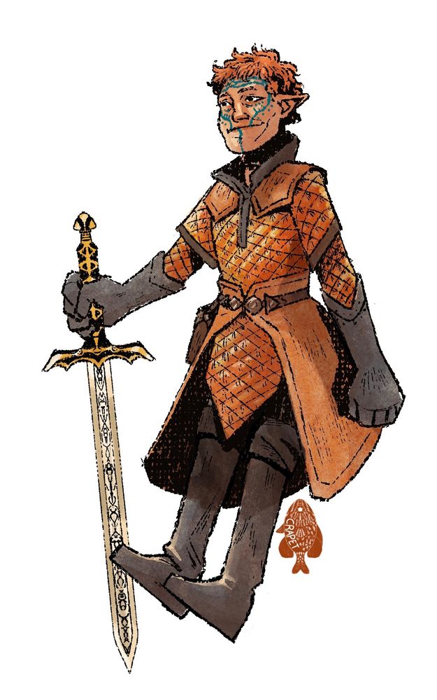 A drawing of the elven dragon age inquisitor. On white backgroung holding a sword. There is no ground, their feet float. They have red, short and messy hair. They have blues facial tattoos, a short, twisted and broken nose, and a broad, square jaw. Their physique is thin. Their armor is golden, with leather elements on their shoulders and around their waist. Their gloves and boots are high and gray. They have a slight smile. Against their leg, there’s the artist’s signature. It is a fish with the name : «crapet» inside.