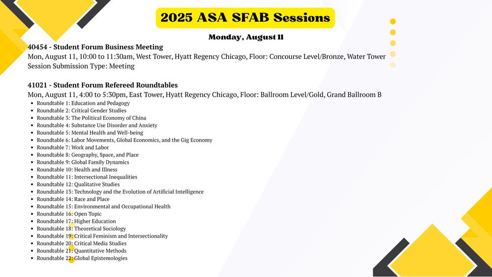 2025 ASA SFAB Sessions

Monday, August 11
40454 - Student Forum Business Meeting
Mon, August 11, 10:00 to 11:30am, West Tower, Hyatt Regency Chicago, Floor: Concourse Level/Bronze, Water Tower
Session Submission Type: Meeting

41021 - Student Forum Refereed Roundtables
Mon, August 11, 4:00 to 5:30pm, East Tower, Hyatt Regency Chicago, Floor: Ballroom Level/Gold, Grand Ballroom B
Roundtable 1: Education and Pedagogy
Roundtable 2: Critical Gender Studies
Roundtable 3: The Political Economy of China
Roundtable 4: Substance Use Disorder and Anxiety
Roundtable 5: Mental Health and Well-being
Roundtable 6: Labor Movements, Global Economics, and the Gig Economy
Roundtable 7: Work and Labor
Roundtable 8: Geography, Space, and Place
Roundtable 9: Global Family Dynamics
Roundtable 10: Health and Illness
Roundtable 11: Intersectional Inequalities
Roundtable 12: Qualitative Studies
Roundtable 13: Technology and the Evolution of Artificial Intelligence
Roundtable 14: Race and Place
Roundtable 15: Environmental and Occupational Health
Roundtable 16: Open Topic
Roundtable 17: Higher Education
Roundtable 18: Theoretical Sociology
Roundtable 19: Critical Feminism and Intersectionality
Roundtable 20: Critical Media Studies
Roundtable 21: Quantitative Methods
Roundtable 22: Global Epistemologies