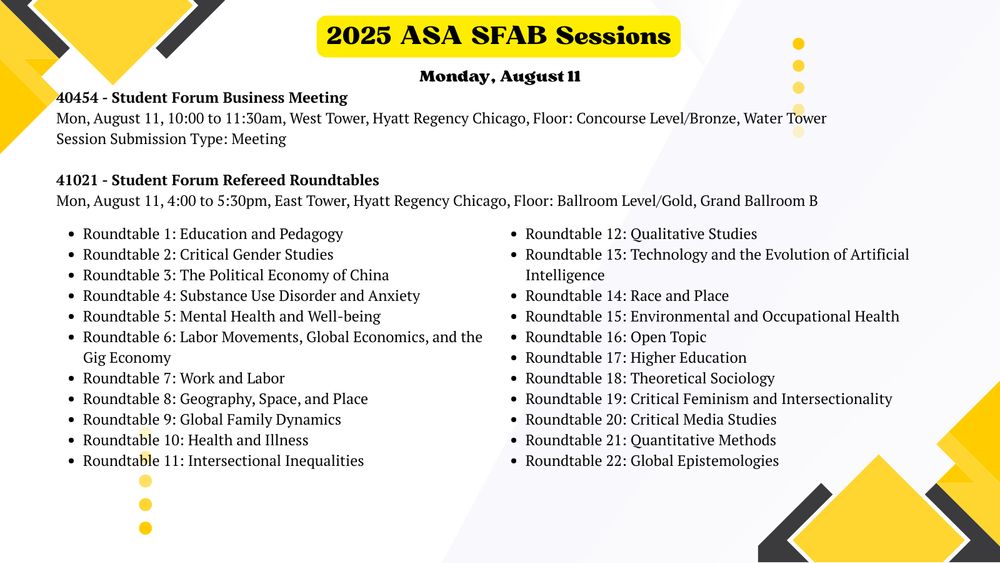 Slide titled "2025 ASA SFAB Sessions" for Monday, August 11. Lists the Student Forum Business Meeting and the Refereed Roundtables session with 22 roundtables on topics including education, gender studies, race and place, mental health, AI, critical media, and global epistemologies.