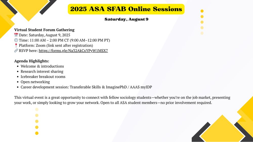 Slide titled "2025 ASA SFAB Online Sessions" for Saturday, August 9. Promotes a virtual Student Forum Gathering on Zoom from 11:00 AM to 2:00 PM CT. Agenda includes introductions, research sharing, icebreakers, networking, and a career development session on transferable skills and planning tools like ImaginePhD and AAAS myIDP. RSVP link included.