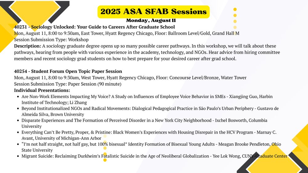 Slide titled "2025 ASA SFAB Sessions" for Monday, August 11. Lists two sessions: "Sociology Unlocked: Your Guide to Careers After Graduate School," a career workshop, and the Open Topic Paper Session featuring six presentations on topics such as identity formation, housing disrepair, suicide, and radical pedagogy.