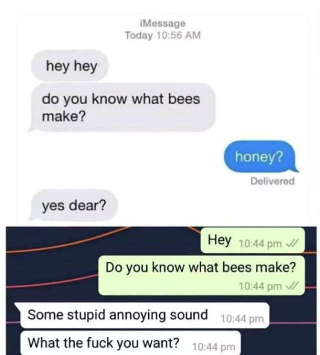 top image is a message screenshot.
person 1: hey hey
person 1: do you know what bees make?
person 2: honey?
person 1: yes dear?
bottom image is a separate message screenshot.
person 1: hey
person 1: do you know what bees make?
person 2: some stupid annoying sound
person 2: what the fuck you want?