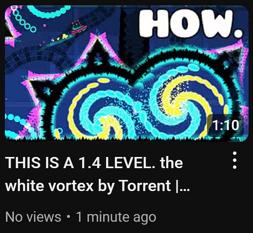 A YouTube thumbnail of a Geometry Dash level made in the 1.4 update, "the white vortex". The thumbnail shows a spiral design made using only 1.4 objects, with the caption "HOW?" in all caps.