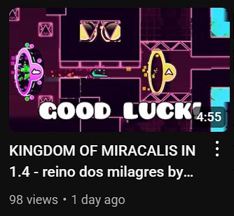 Thumbnail of a showcase of "reino dos milagres", a remake of an old impossible Geometry Dash level built in the 1.4 update. The thumbnail shows a ship flying through a tight corridor that would be impossible for a human to successfully pass.