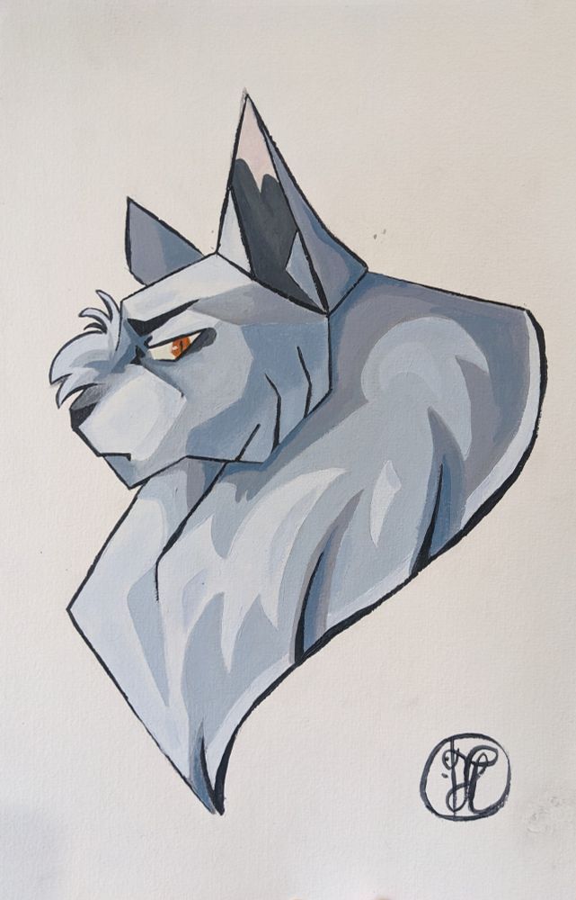 Grey cat. He has fluff on the nose and an angry look. It's a painting. 