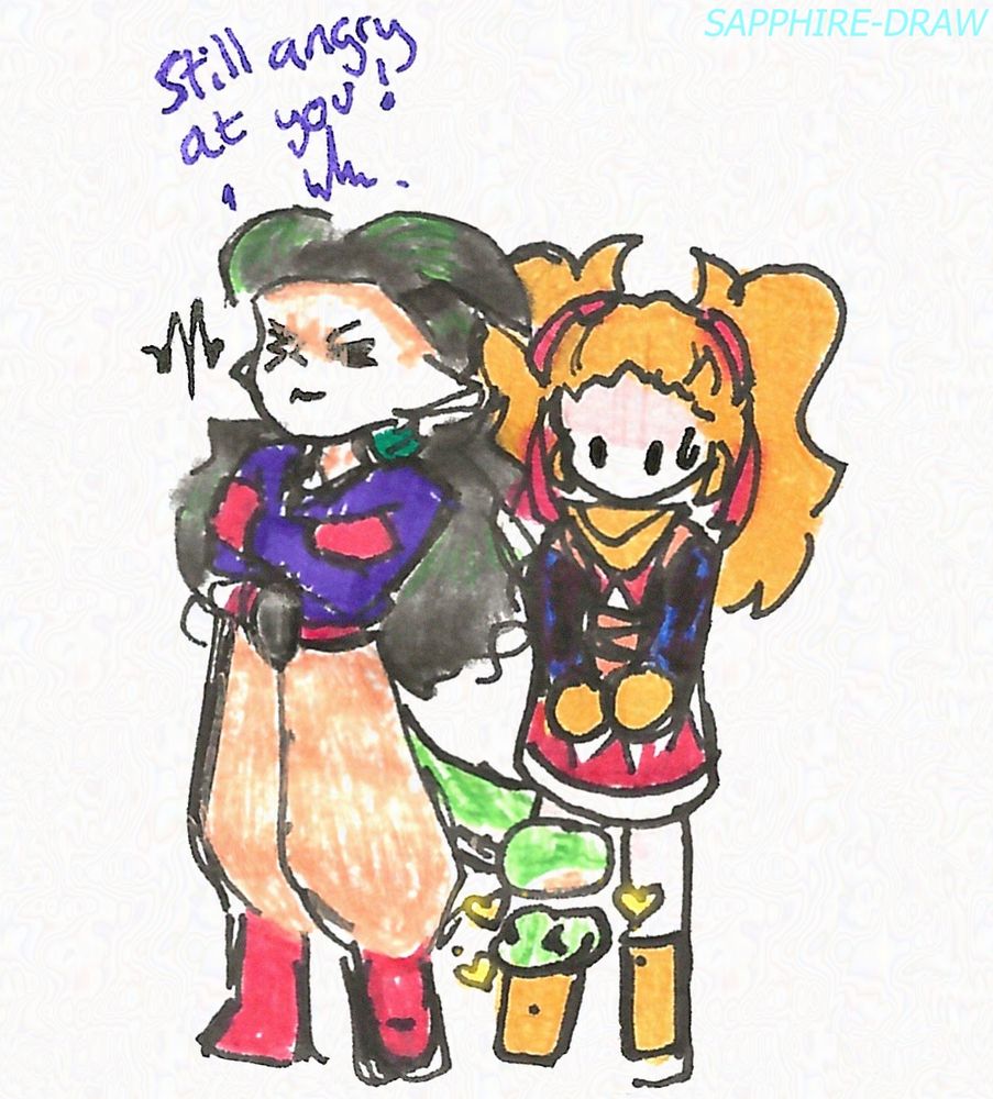 Doodle on paper of Malroth and Creatrix from Dragon Quest Builders 2. 
Malroth is turned away from Builder, arms crossed and upset, saying "Still angry at you!!!", but his snake tail is wrapped around Builders's leg, restraining (hugging) her, with a happy excited ">u<" expression with hearts around it.