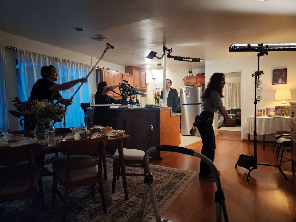 The Eulogy film set, lighting rigs and boom ops everywhere 