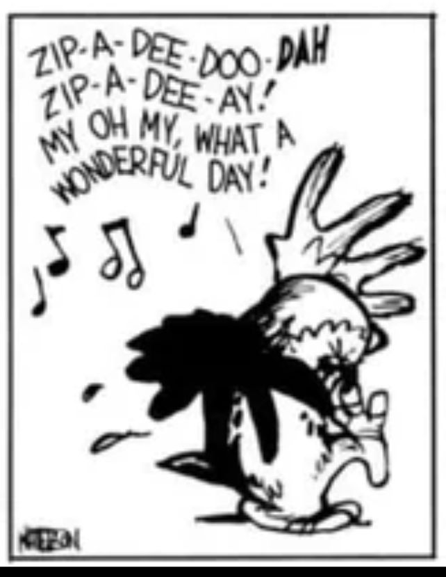 A panel from the Calvin and Hobbes strip where Calvin has been transmogrified into an owl. He was just told that owls don't go to school and he's singing "zip-a-dee-doo-DAH zip-a-dee-ay! My oh my, what a wonderful day!"

His little owl legs are taking a step in the same way as the owl in the quoted post