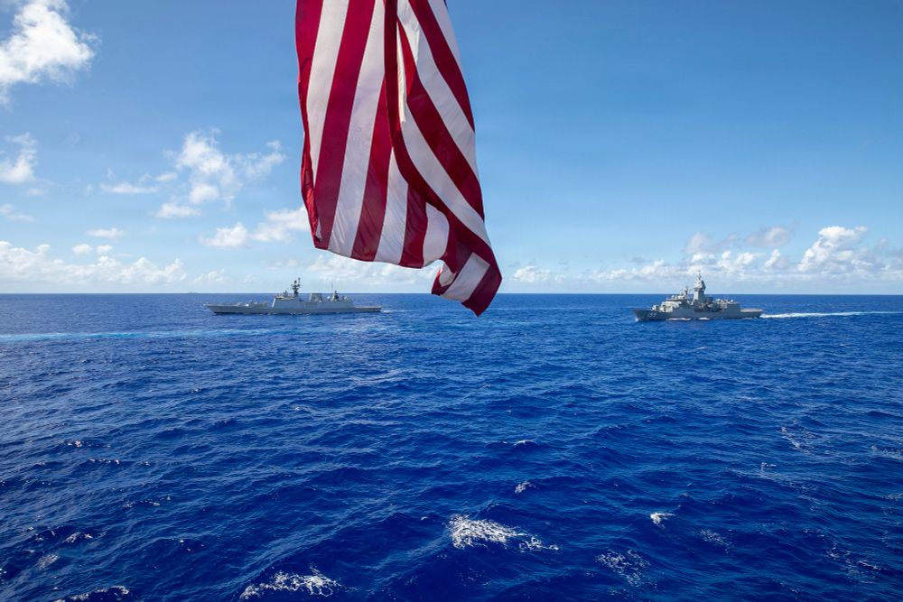 Indian Navy Shivalik-class stealth multi-role frigate INS Sahyadri (F49), left, and Royal Australian Navy Anzac-class frigate HMAS Ballarat (FFH 155), right, sail in formation with the Arleigh Burke-class guided-missile destroyer USS Fitzgerald (DDG 62) during Malabar 25 in the Pacific Ocean, Nov. 13, 2025. Malabar 25 is a combined field training exercise with the Royal Australian Navy, Indian Navy, Japan Maritime Self-Defense Force and U.S. Navy. The exercise is designed to support achievement of strategic objectives by strengthening partnerships in the Indo-Pacific and promoting interoperability in the conduct of complex warfighting operations. Fitzgerald is forward-deployed and assigned to Destroyer Squadron (DESRON) 15, the Navy’s largest DESRON and U.S. 7th Fleet’s principal surface force. (U.S. Navy photo by Mass Communication Specialist 1st Class Cyrus Roson)