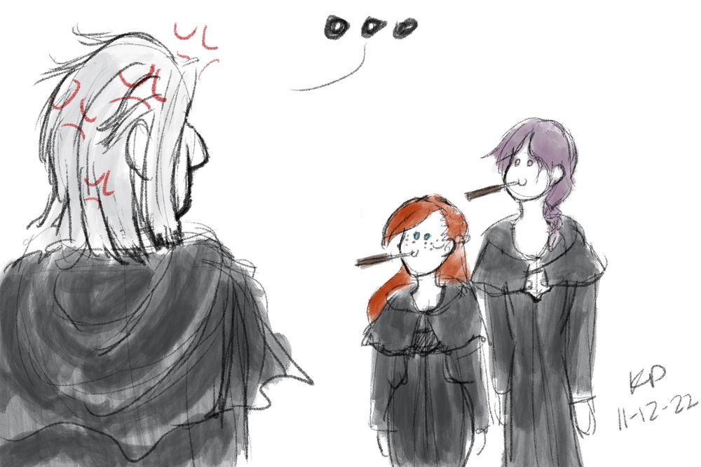 Emet-Selch looking rather miffed at Azem and Hyth having pocky sticks in their mouths.