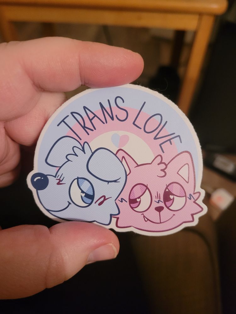 A "trans love" sticker with a dog and cat looking lovingly at each other