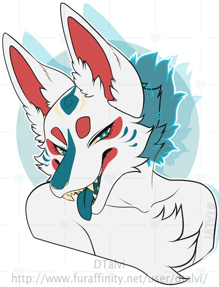A bust of a kitsune character turning their head to the side, sticking their tongue out, and looking at the audience.