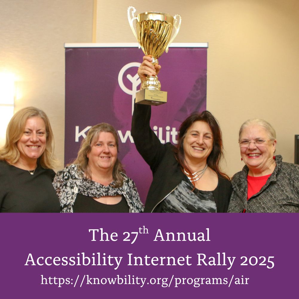 
Four women smile for a photo while one holds a gold trophy. The text "The 27th Annual Accessibility Internet Rally 2025" and a link to "https://knowbility.org/programs/air" are below.