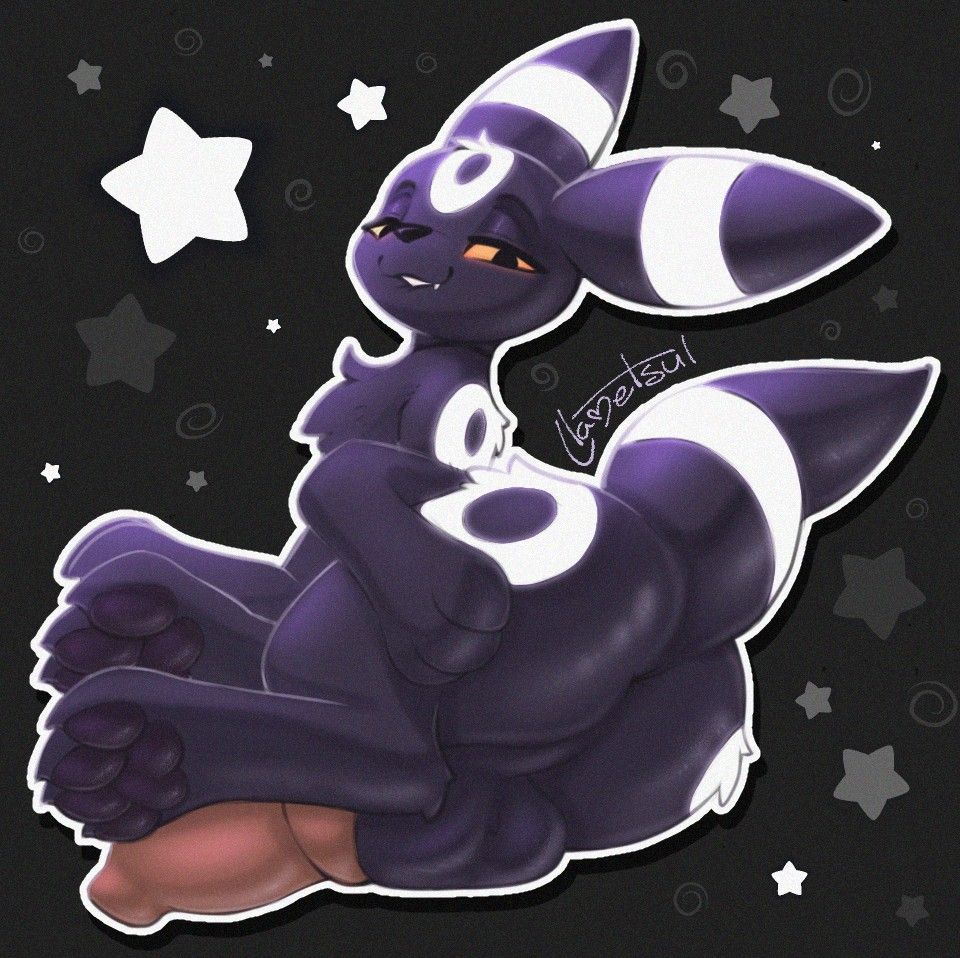 Glowing male umbreon with large cock presents rear while biting lip