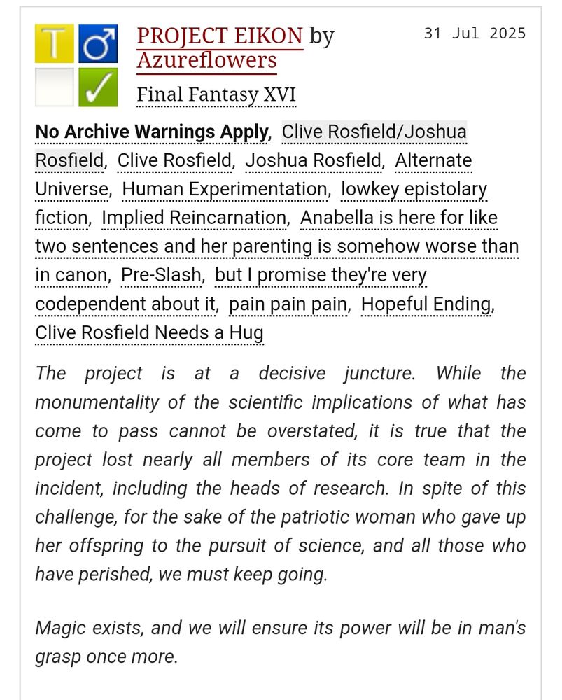 AO3 summary for Project Eikon by Azureflowers. Fic linked in the first reply.