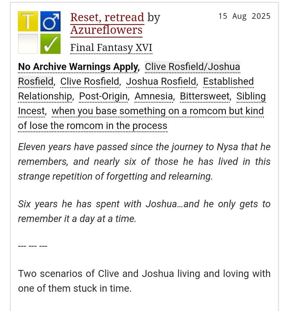 AO3 summary of the fic Reset, retread by Azureflowers. Fic linked in the first reply.