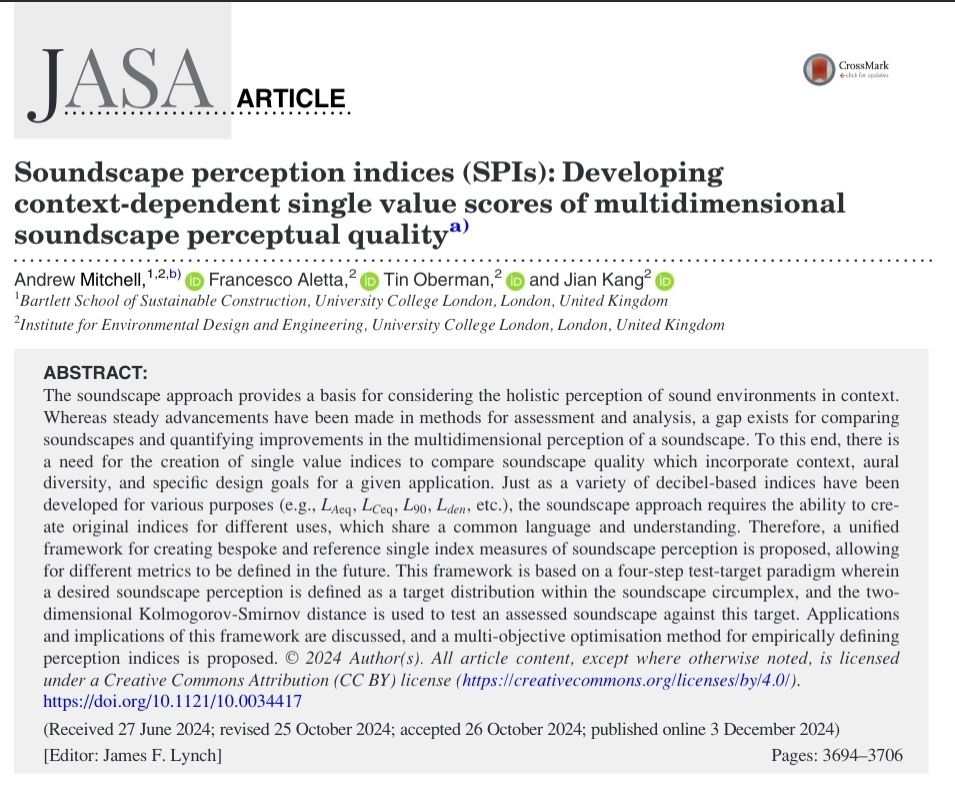 Screenshot of article titled Soundscape perception indices (SPIs): Developing context-dependent single value scores of multidimensional soundscape perceptual quality. Available at: https://doi.org/10.1121/10.0034417 