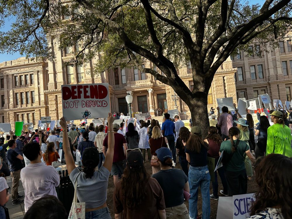 A large group of protesters outside the Texas capitol protesting against Trump and DOGE assault on science.