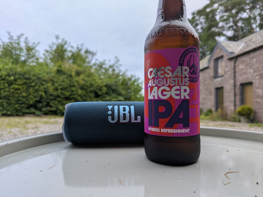 A lovely beer enjoyed outside at our accommodation in the Scottish countryside. We turned the speaker off to enjoy the quiet, and met the owner's cat and dogs. 