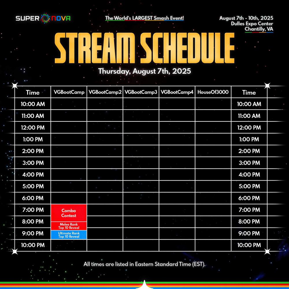 Thursday August 7th, 2025 - Supernova 2025 Schedule

Melee Combo Contest from 7:00-8:30 PM ET
Melee Rank Top 10 Reveal from 8:30-9:10 PM ET