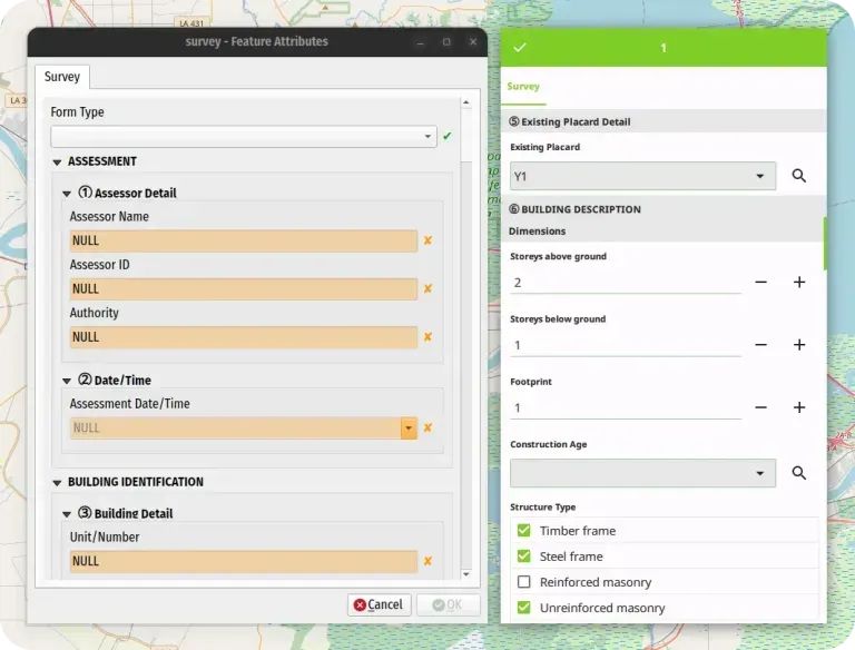 Split screen showing XLSForm Converter results: QGIS desktop survey form on left and corresponding QField mobile interface on right displaying building assessment survey fields.