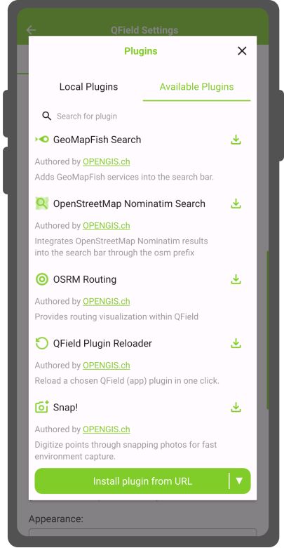An image of the Qfield plugin manager
