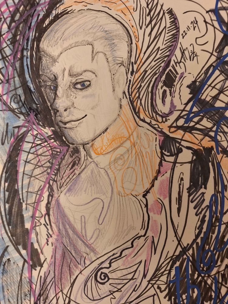 a man half-hidden in a swirl of psychedelic lines