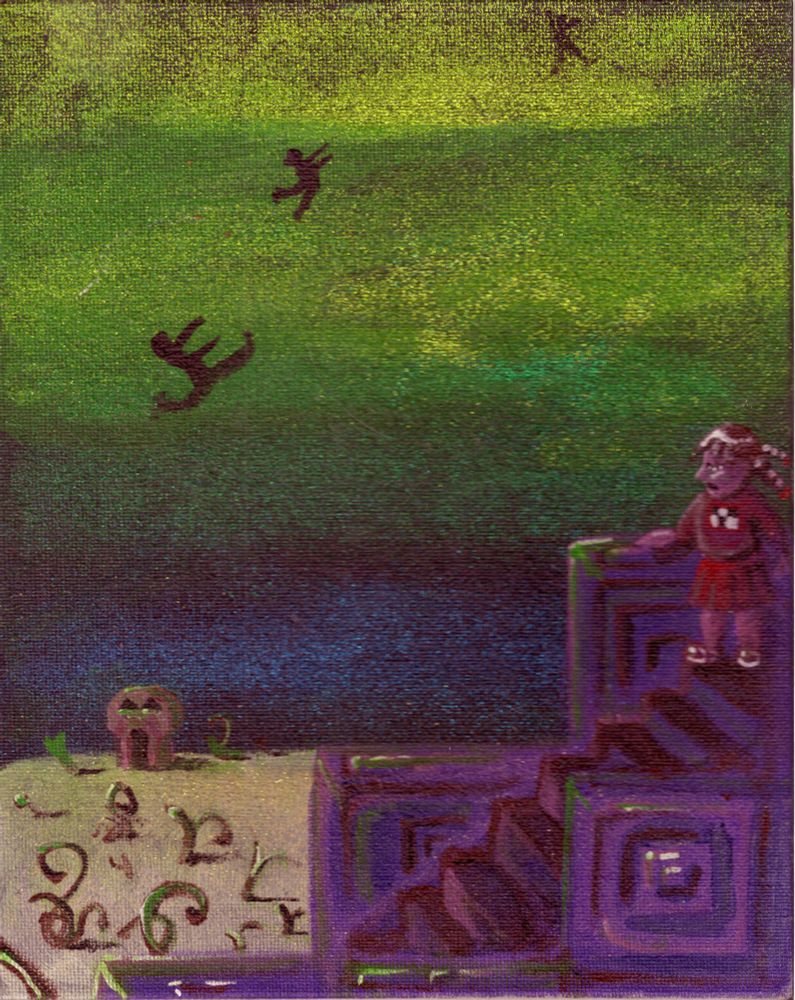 Madotsuki, on the righthand side, watches as silhouetted figures drop through the green sky in the Vine Desert World. She is standing on the cubic steps to the Sky Garden.