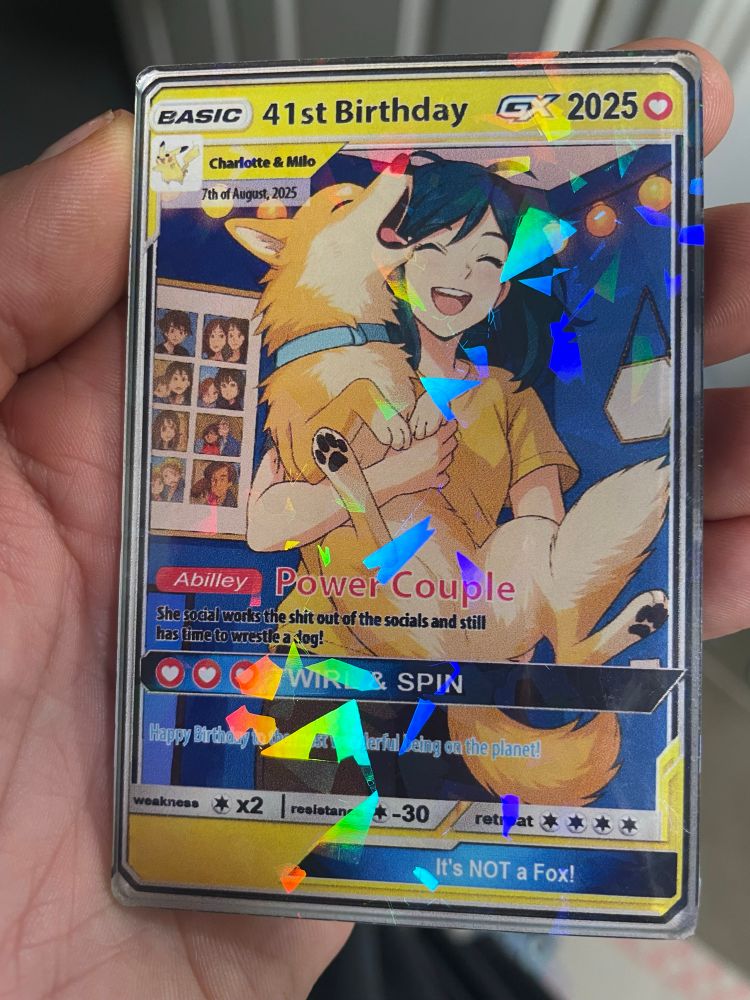 Personalised Pokemon card with pic of me and my dog on it. Dog looks like a fox. 🦊 