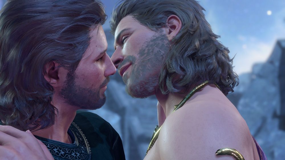 Gale kissing his dream companion who has also been created to look identical to Gale.