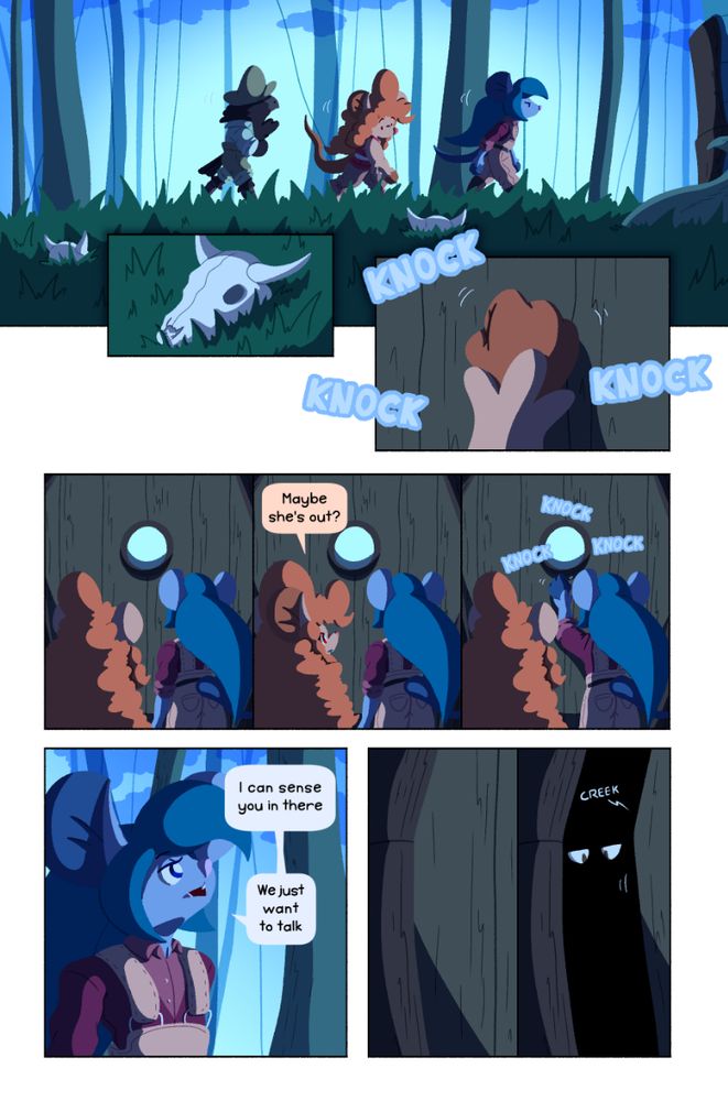 The trio walk up to the house, passing by cow skulls buried in the grass. Maxine knocks on the door, but no one answers. Merida knocks on the door, stating that she can sense the witch inside. The door creeks open, revealing a pair of eyes.