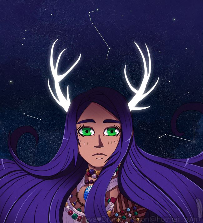 Yeul staring ahead. There is a dark blue starry night sky behind her. She is not wearing her usual headpiece but instead has two glowing deer antlers.