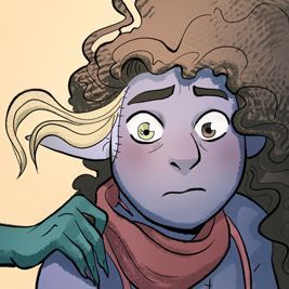 Sallly from Wayfinders: Off Course. She has blue skin, two types of hair, and two different eye colors. Part of her skin is stitched together, invoking a Frankenstein-situation. She looks anxious.