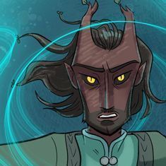 Andrée from Wayfinders: Off Course. He has red skin and horns, and intense yellow eyes. Turquoise light swirls around him.