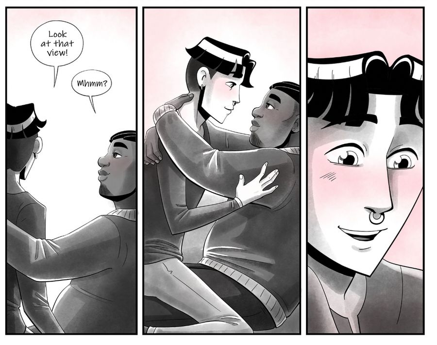 A small comic sequence from Nymfe by Snackbag Studios: Hans sits on top of love interest Mason, looking happy and in love. 